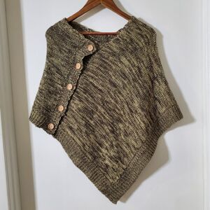 Leisureland Knit Shawl Poncho Button Forest Woodsy Cabin One Size Brown Womens